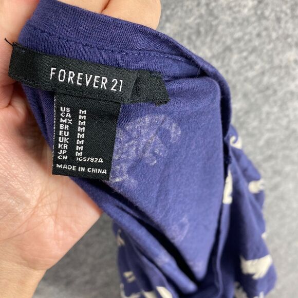 Forever 21 Top Women M Medium Blue Short Sleeve Cropped Tie Up Elephant Print - Picture 7 of 8